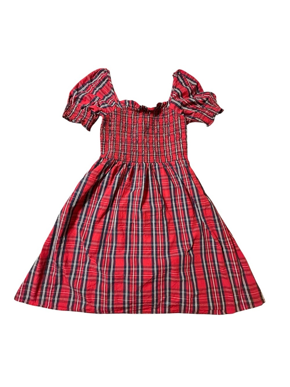 Draper James Cam Smocked Dress XS Angie Plaid Red Puff Sleeve Christmas Holiday